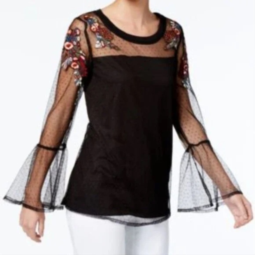 Ruff Hewn Grey Top Black Partially Sheer Layered Blouse with Floral Embroidery